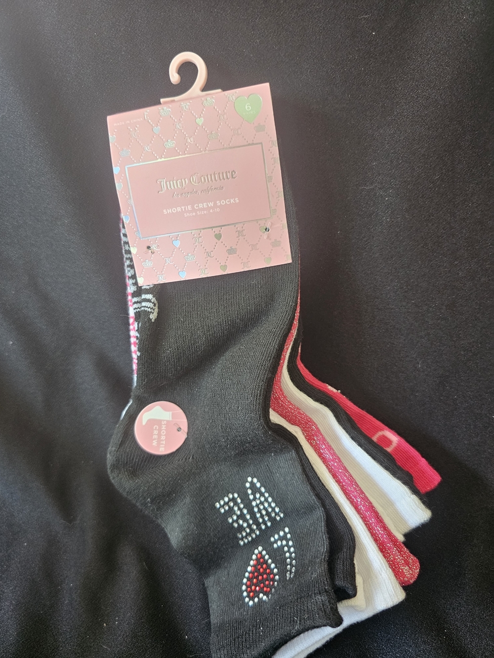 NWT Juicy Couture Ladies Black & Multi Shortie Crew Socks - Pack of 6